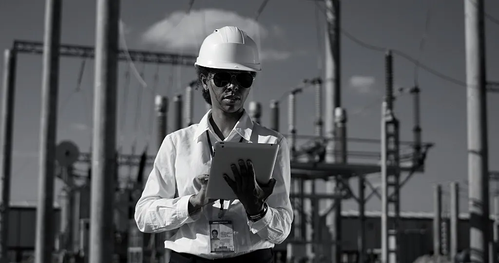 An engineer in a hard hat reviewing a tablet at an electrical substation
